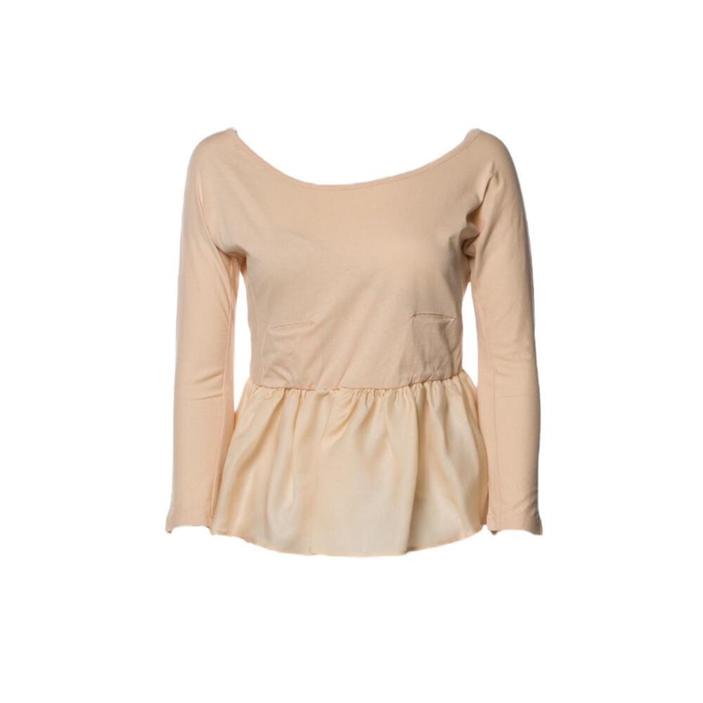 Carven Pleated Peplum Three Quarter Sleeve Top in light Peach Pink